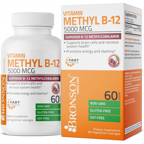 Bronson Methyl B12 5000 mcg Vitamin B12 Methylcobalamin Energy & Brain Support 60 пастилок