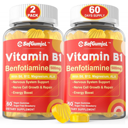 Вітамін B1 Gummies Benfotiamine 500mg - Енергетичний обмін і здорова нервова система - Вітамін B1 B6 B12 Комплекс, біодоступна добавка вітамінів B1, перетворена на активний тіамін, 2 упаковки