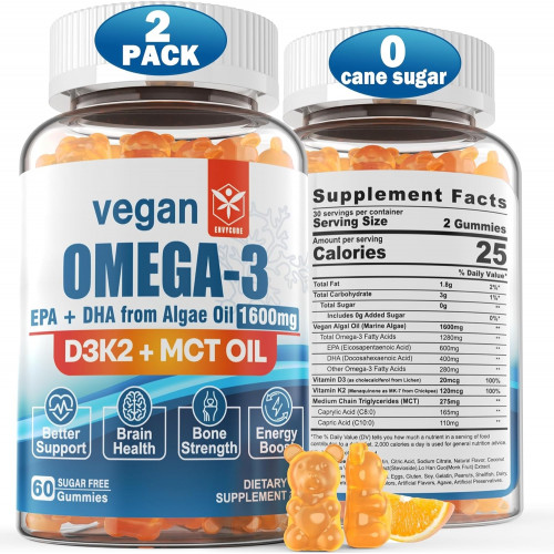 Возможно, вы имели в виду: Vegan Omega 3 Gummies 1280 mg - No Fishy Taste - from Marine Algae Oil with/EPA 600mg & DHA 400mg, Vitamin D3, K2 & MCT Oil, Sugar Free Omega 3 Fish Oil Alternative, for Brain, Eye, Immune Health, 2 Pack