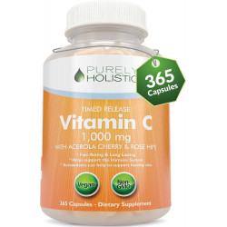 Purely Holistic Vitamin C 1000 мг, 365 капсул, запас на 12 місяців, 2-етапне вивільнення з аскорбіновою кислотою, біофлавоноїдом шипшини та вишні ацероли, підтримка імунної системи, веганський