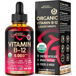 NUTRAHARMONY Organic Vitamin-B12 Supplements Sublingual Drops - Енергія, концентрація та підтримка настрою - Максимальне засвоєння - 2 місяці, 2 рідких унції