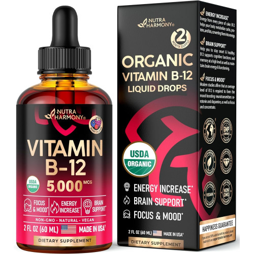 NUTRAHARMONY Organic Vitamin-B12 Supplements Sublingual Drops - Енергія, концентрація та підтримка настрою - Максимальне засвоєння - 2 місяці, 2 рідких унції