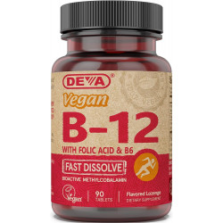 Deva Vegan Vitamin B12 быстро растворение - комплекс один раз в день с 1000 мкг метилкобаламин B12, фолиевая кислота, B6 - лимонный вкус - 90 Расширяемые таблетки,