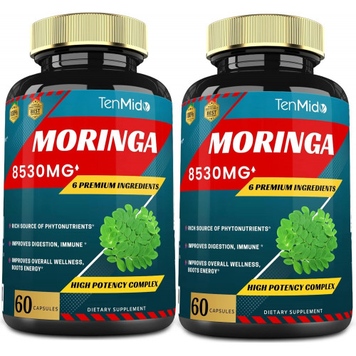 2 упаковки капсул Moringa 8530 мг, запас на 4 місяці з куркумою, ашвагандою, імбиром, солодкою, чорним перцем | Підтримка імунітету, підсилення енергії | Добавки з листя олійної трави