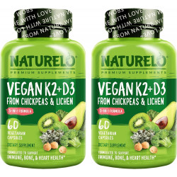 NATURELO Vegan K2+D3 - D3 на рослинній основі з лишайників - Натуральна добавка D3 для імунної системи, підтримки кісток, здоров'я суглобів - Повноцінна їжа - Веганська - Без ГМО - Без глютену (60 штук (2 упаковки))