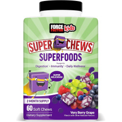 FORCE FACTOR Kids Superfood Super Chews, дитячі вітаміни та добавка для підтримки імунітету з фруктами, овочами, клітковиною та антиоксидантами, 2-місячний запас, дуже ягідний виноградний смак, 60 м’яких жуйок