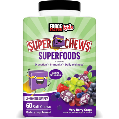 FORCE FACTOR Kids Superfood Super Chews, витамины для детей и добавка для поддержки иммунитета с фруктами, овощами, клетчаткой и антиоксидантами, запас на 2 месяца, очень ягодный виноградный вкус, 60 мягких жевательных таблеток