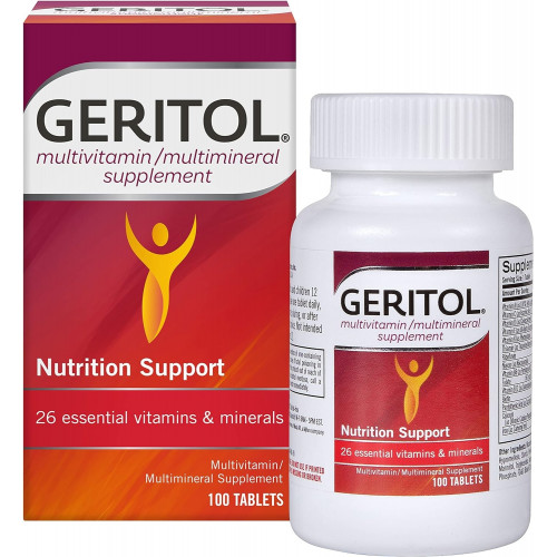 Geritol, Мультивитаминная добавка, содержит витамины группы B, антиоксиданты, витамины C, E и D, а также железо, 26 основных витаминов и минералов, без глютена, без ГМО, без искусственных подсластителей, 100 таблеток