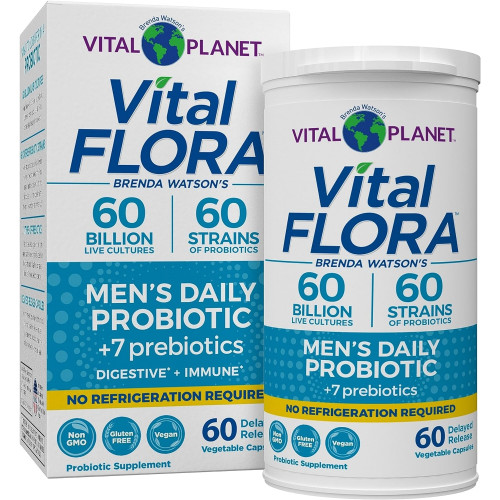 Vital Planet - Ежедневный пробиотик для мужчин Vital Flora, 60 миллиардов КОЕ, 60 различных штаммов, 7 органических пребиотиков, поддержка иммунитета, облегчение газов, здоровье пищеварительной системы Пробиотики длительного хранения для мужчин, 60 капсул