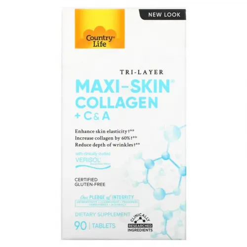 Country Life, Tri Layer Maxi-Skin Collagen, колаген з вітамінами C і A, 90 таблеток 