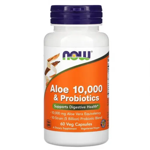 Now Foods, алое 10 000 з пробіотиками, 60 рослинних капсул