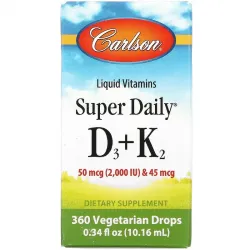 Carlson Labs, Super Daily вітаміни D3 та K2 у рідкій формі, 25 мкг (1000 МО) та 22,5 мкг, рослинна формула, 360 вегетаріанських крапель, 10,16 мл