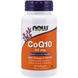 Now Foods, коензим Q10 з риб'ячим жиром з омега-3, 60 мг, 60 капсул 