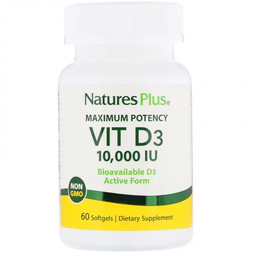 Nature's Plus, Вітамін D3, 10 000 МО (250 мкг), 60 м'яких гелевих капсул 