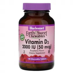 Bluebonnet Nutrition, Earth Sweet Chewables, витамин D3, натуральный вкус малины, 2000 МО (50 мкг), 90 жевательных таблеток