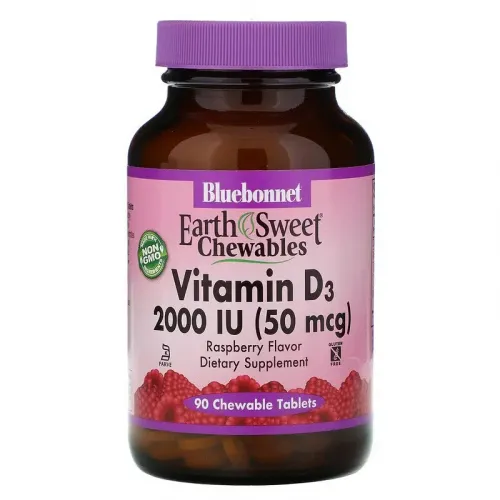 Bluebonnet Nutrition, Earth Sweet Chewables, вітамін D3, натуральний смак малини, 2000 МО (50 мкг), 90 жувальних таблеток 