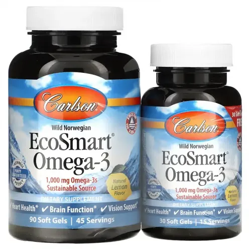 Carlson Labs, EcoSmart Omega-3, жирні кислоти омега-3, зі смаком натурального лимона, 1000 мг, 90+30 желатинових капсул 