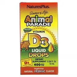 Nature's Plus, Animal Parade, Рідкий вітамін D3 для дітей, 400 МО, апельсиновий смак, 10 мл