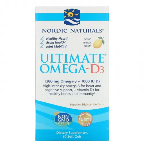 Nordic Naturals, Омега-D3 Ultimate, лимон, 1000 мг, 60 гелевих капсул 