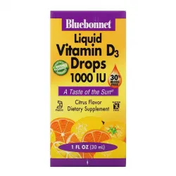 Bluebonnet Nutrition, Рідкий вітамін D3, у краплях, натуральний цитрусовий смак, 25 мкг (1000 МО), 30 мл 