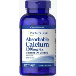 Кальций и витамин Д3, Absorbable Calcium with Vitamin D3, Puritan's Pride, 1200 мг/1000 МО, 200 гелевых капсул