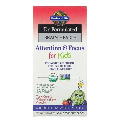 Garden of Life, Dr. Formulated Brain Health, увага та концентрація для дітей, смак кавуна та ягід, 60 смачних жувальних таблеток