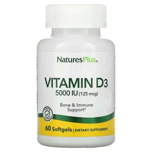 Nature's Plus, вітамін D3, 125 мкг (5000 МО), 60 м'яких желатинових капсул 