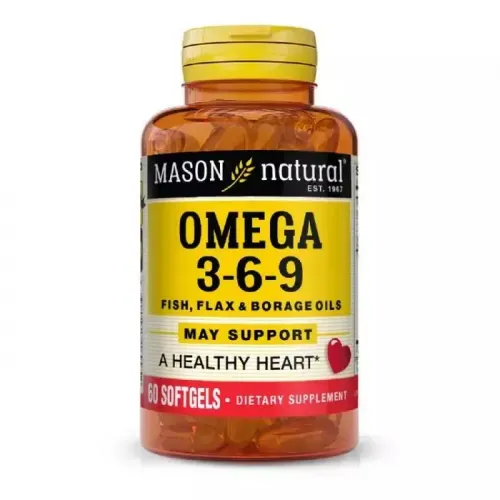 Mason Natural, Потрійна Омега 3-6-9, 1200 мг, олія риби льону та огірковика, 60 гелевих капсул 