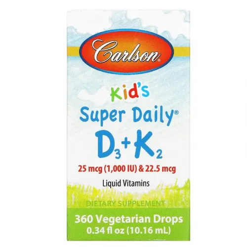 Carlson Labs, Super Daily D3+K2 для дітей, 25 мкг (1000 МО) та 22,5 мкг, 10,16 мл