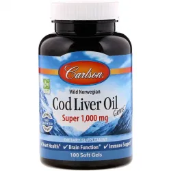 Carlson Labs, Wild Norwegian, Cod Liver Oil Gems, жир печінки дикої норвезької тріски в капсулах, вищої якості, 1000 мг, 100 капсул 