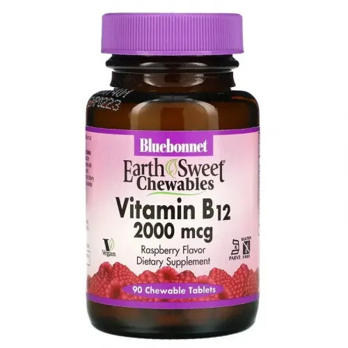 Bluebonnet Nutrition, EarthSweet, витамин B12, натуральный вкус малины, 2000 мкг, 90 жевательных таблеток