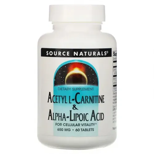 Source Naturals, ацетил-L-карнитин и альфа-липоевая кислота, 650 мг, 60 таблеток