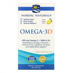 Nordic Naturals, Omega-3D, зі смаком лимона, 1000 мг, 60 м'яких желатинових капсул 