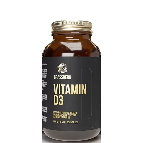 Витамин Д3, Vitamin D3, Grassberg, 600 МО (15 мкг), 90 капсул